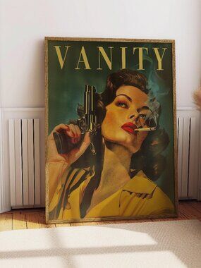 Woman With a Gun Poster Retro Woman Smoking a Cigarette Wall Art Badass Bestie